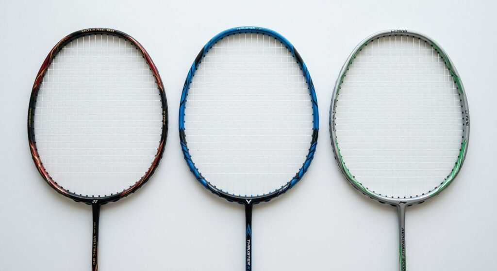 Tre badmintonketchere i forskellige vægte og designs liggende på hvid baggrund til sammenligining