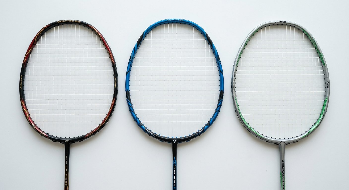 Tre badmintonketchere i forskellige vægte og designs liggende på hvid baggrund til sammenligining