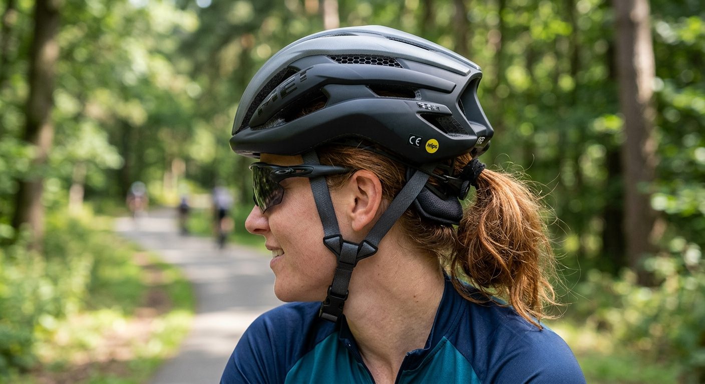 Cyklist med velpassende cykelhjælm ved solopgang, der viser korrekt montering og pasform