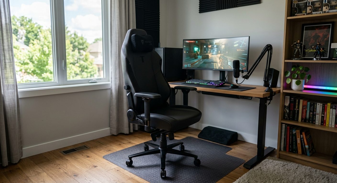 Modern gaming-stol med ergonomisk design i hjemmekontormiljø med naturligt lys