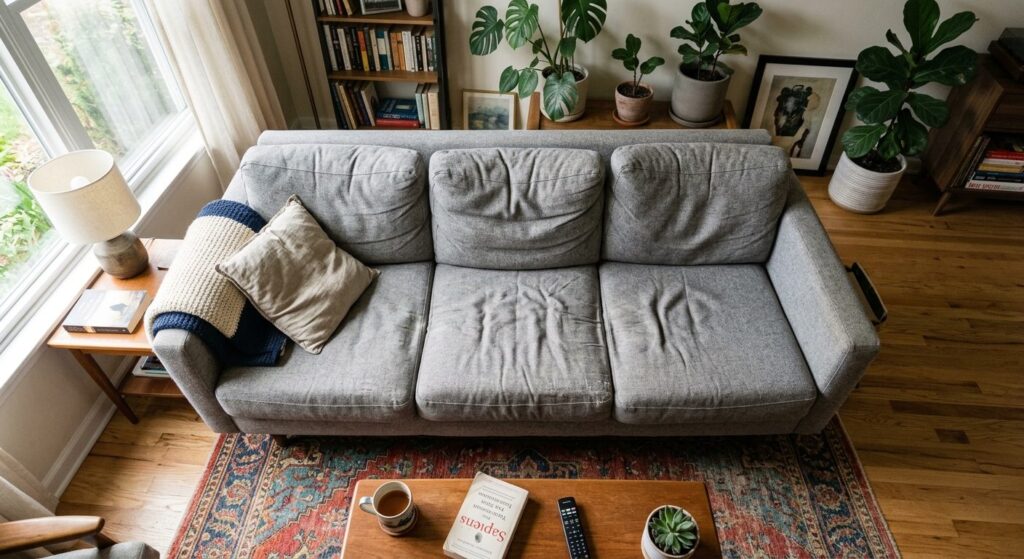 Slidt sofa med sammenpresset polstring som eksempel på normal aldring af møbler