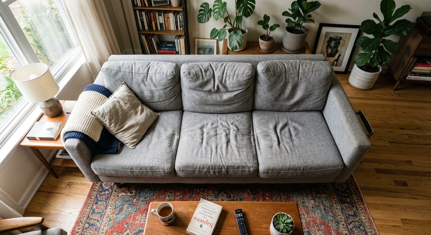 Slidt sofa med sammenpresset polstring som eksempel på normal aldring af møbler