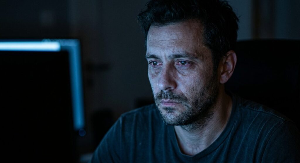 Mand der kigger på computerskærm med blåt lys der reflekteres i øjnene