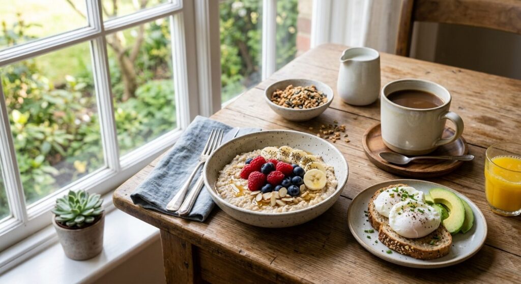 God morgenmad serveret på køkkenbord i morgenlys med havregryn, frugt og æg