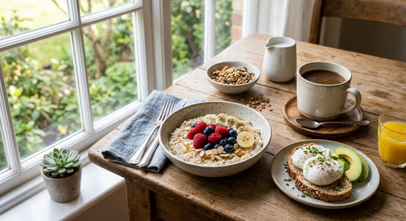 God morgenmad serveret på køkkenbord i morgenlys med havregryn, frugt og æg