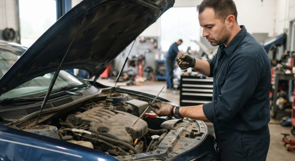 Mekaniker tjekker oliepind for at finde ud af hvor mange liter olie bilen skal have