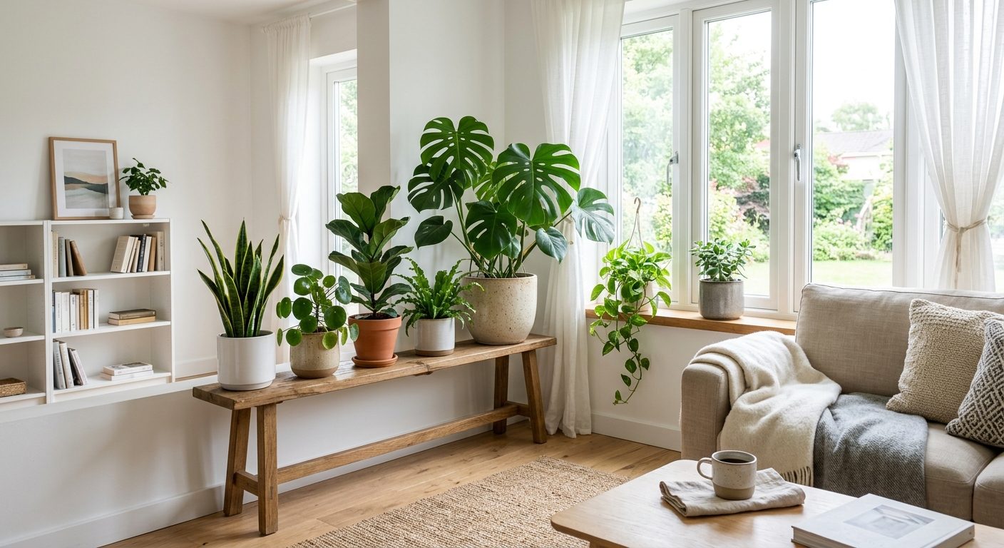 Planter til hjemmet placeret i en lys stue ved et vindue