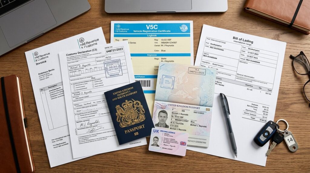 Close-up overhead shot of essential car import paperwork and