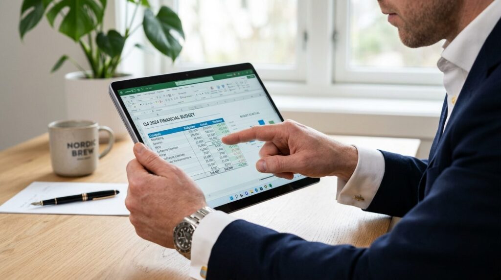Close-up of businessmans hands holding tablet and reviewing