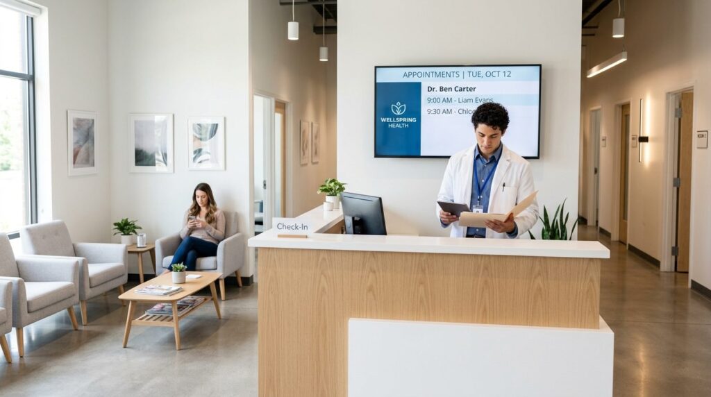 Modern healthcare clinic reception area with contemporary fu