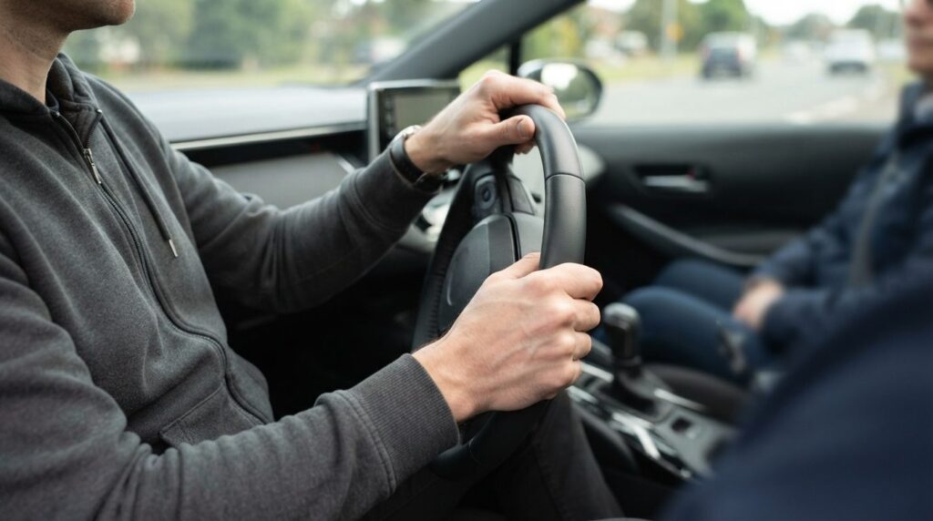Close-up shot of a nervous male drivers hands gripping stee