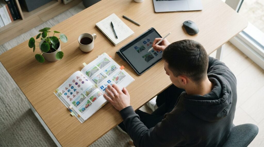 Overhead view of a young man studying driving theory materia