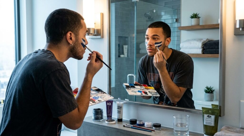 Photorealistic lifestyle image of a young man applying face 