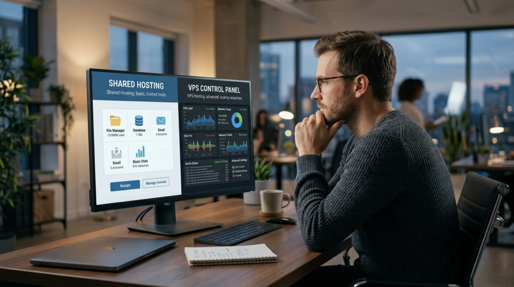 Split-screen conceptual image: left side shows simple shared