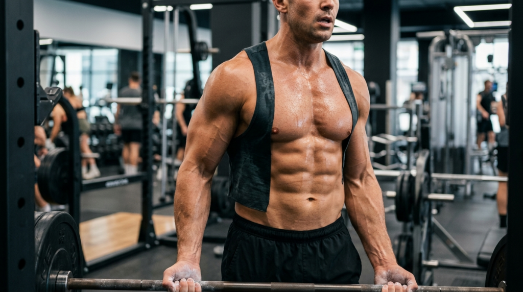 Photorealistic close-up of a muscular, healthy mans torso d