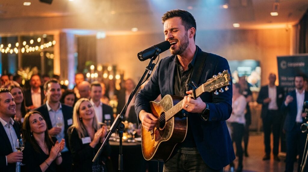 Close-up of professional musician performing with acoustic g