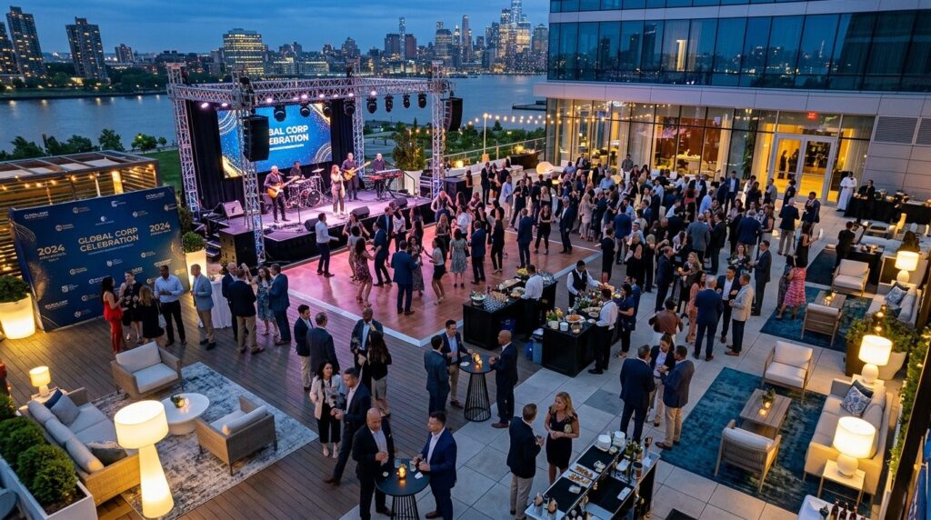Aerial view of corporate team celebration with live band per
