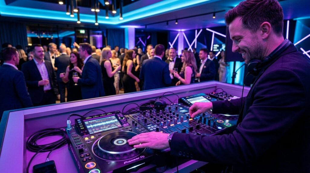 Close-up of a professional DJ booth with modern equipment an