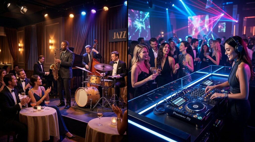 Split scene comparison: left side shows a live jazz band wit