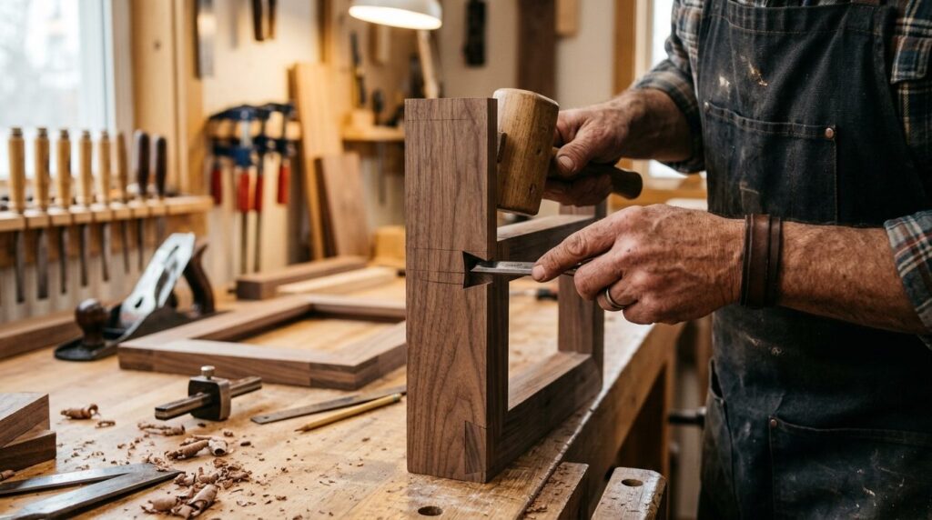 Close-up of skilled hands crafting custom wooden interior el
