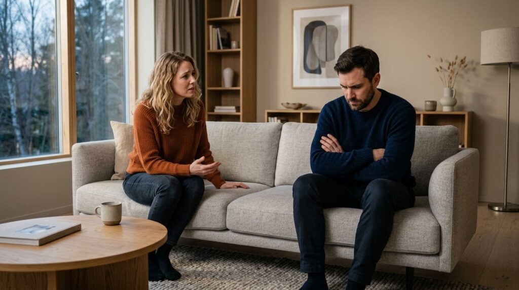 Two people in a living room having a tense conversation, sit