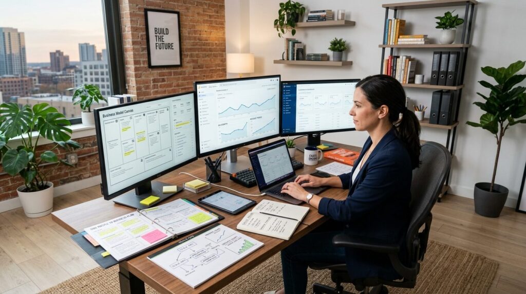 Wide shot of a creative entrepreneur workspace featuring mul