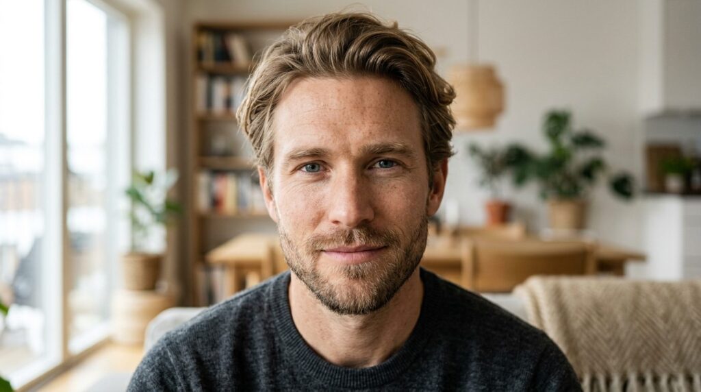 Close-up photorealistic portrait of a fit Nordic mans face 
