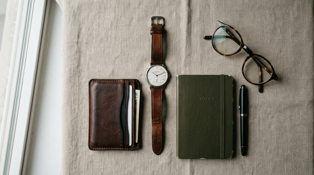 Flat lay composition of essential everyday carry items inclu