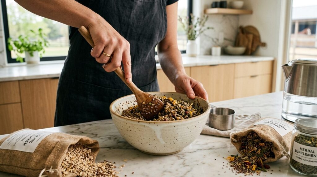 Close-up detail shot of hands preparing horse mash in a cont