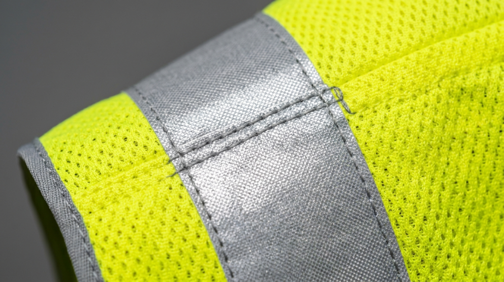 Close-up detail shot of premium reflective safety vest fabri