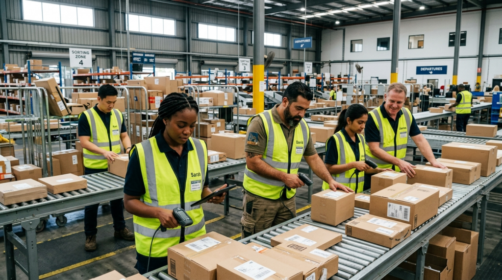 Diverse team of delivery and logistics professionals in mode