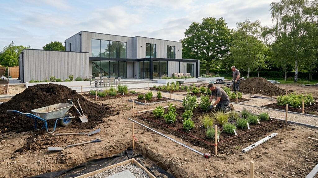 Wide landscape stockphoto of a modern residential garden pro