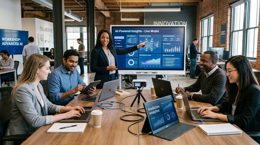Dynamic corporate workshop scene with diverse male and femal