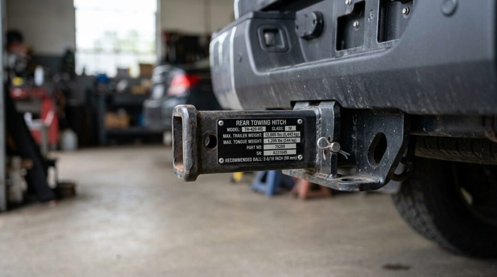 Close-up detail shot of a cars towing hitch and technical s