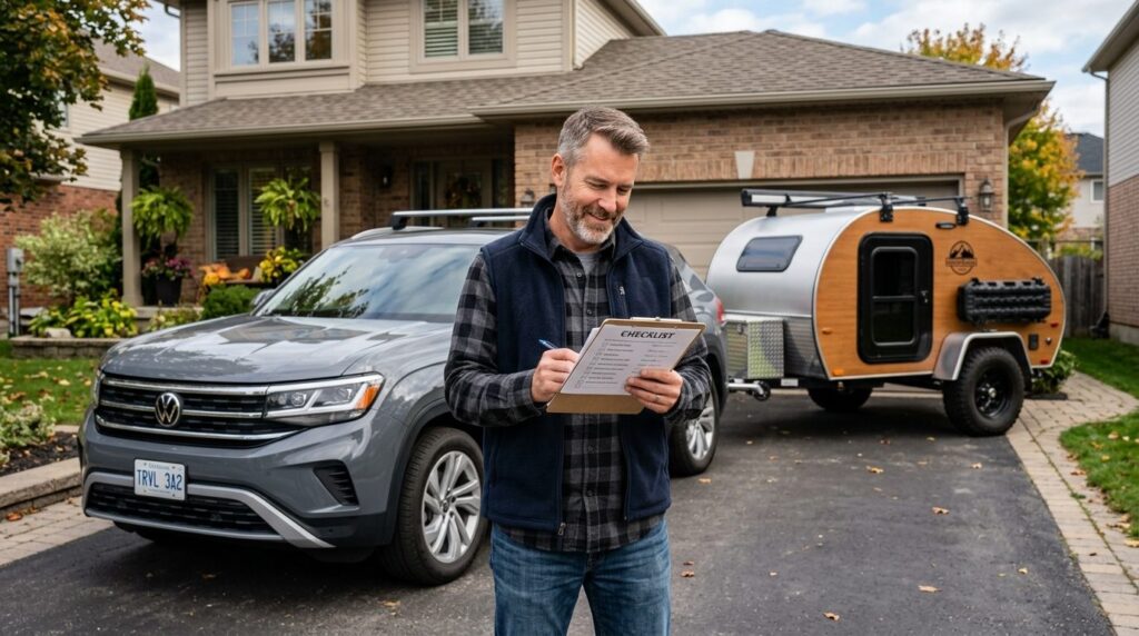 Mid-aged man standing between his modern family SUV and a co