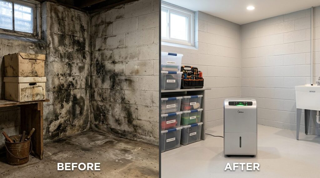 Professional before-and-after style split image showing base