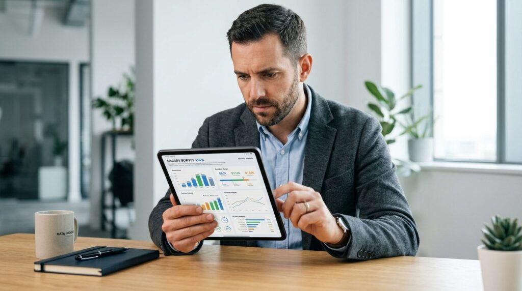 Close-up of professional man reviewing salary data and chart