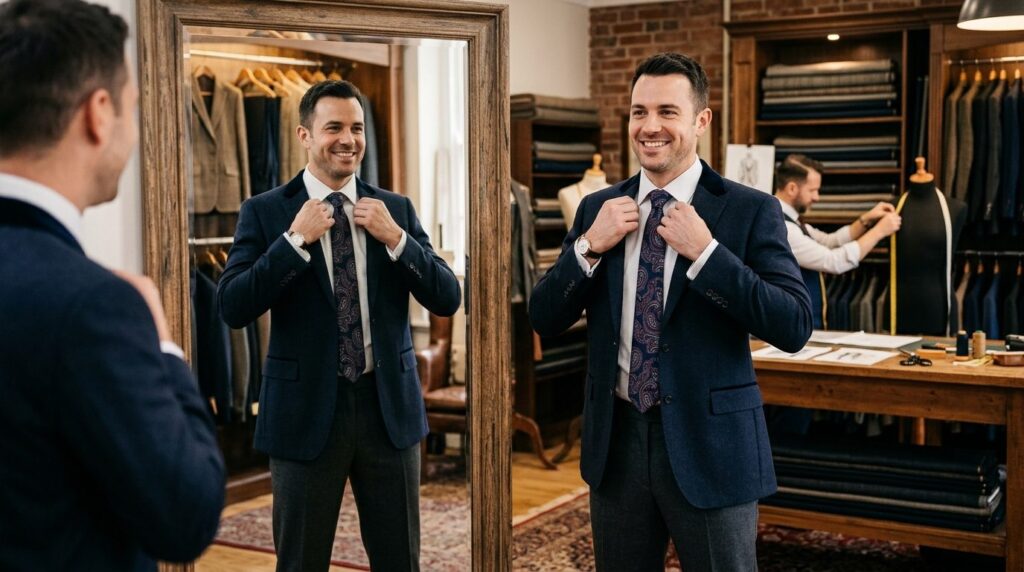Confident groom trying on a perfectly fitted custom wedding 