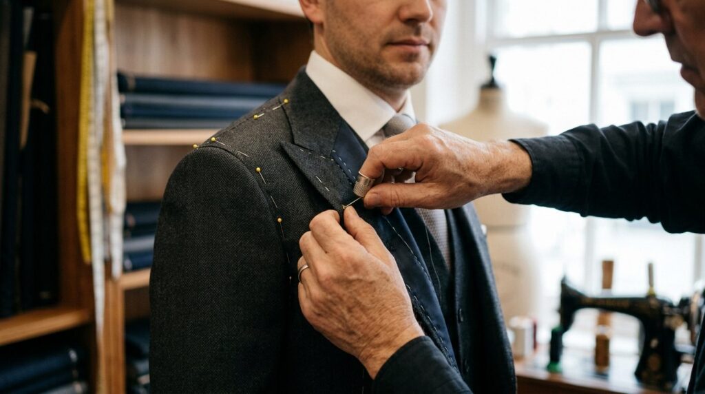 Close-up of tailors hands pinning and adjusting the fit of 