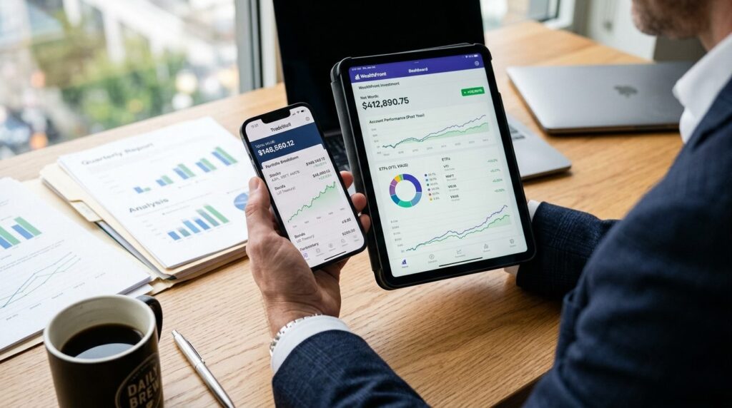 Close-up of businessmans hand holding smartphone and tablet
