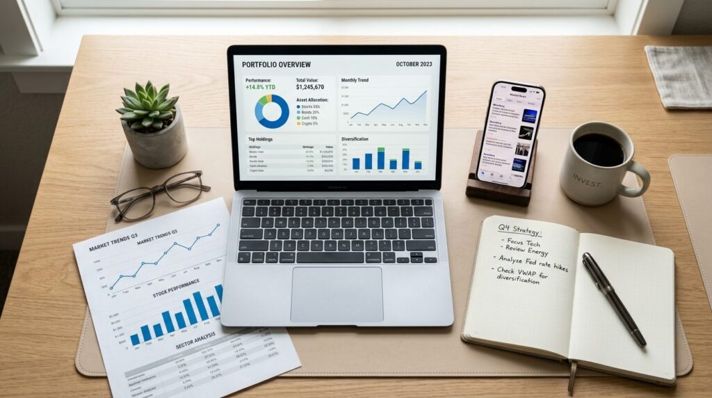Overhead flat lay of successful investors desk with laptop 