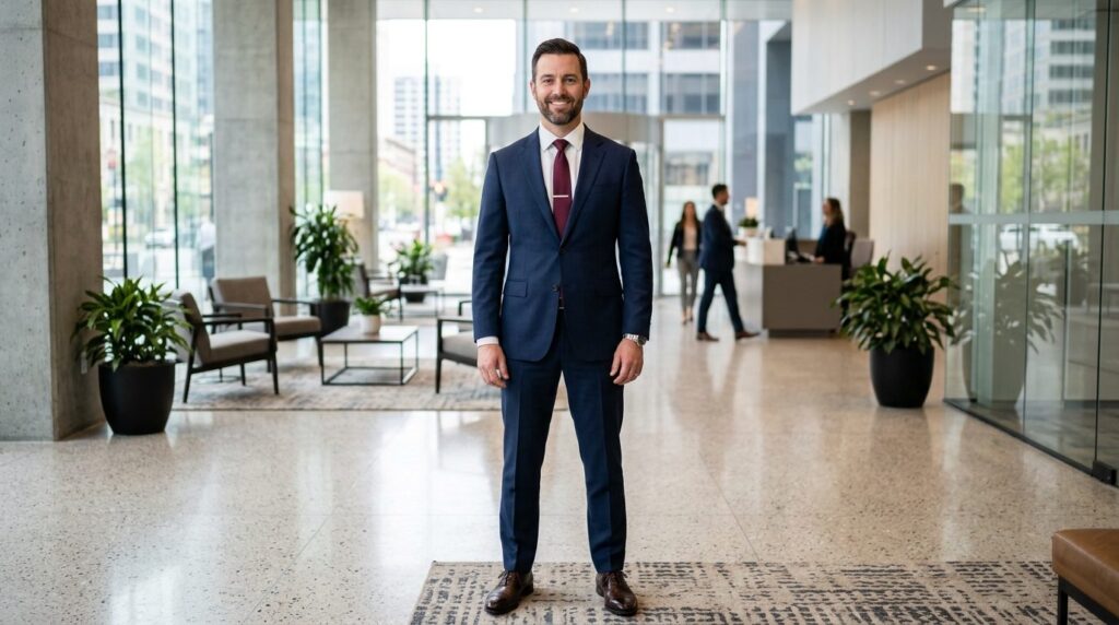Full-body shot of a professional man standing in a modern of