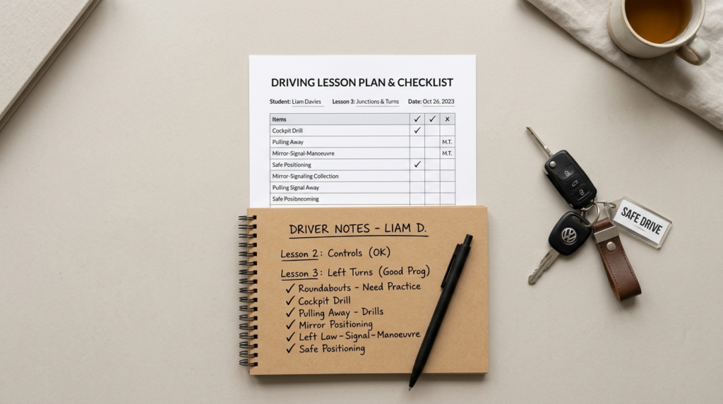 Overhead flat lay photography of driving school materials ar