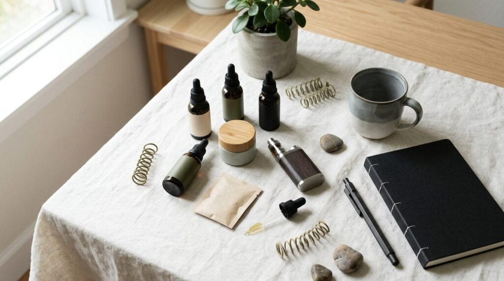 Flat lay composition of cannabis wellness products arranged 