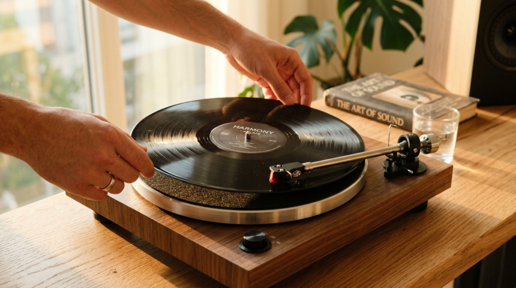 Close-up detail shot of hands placing a vinyl record on turn