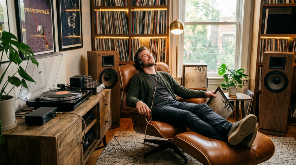Modern man in casual contemporary clothing sitting in comfor